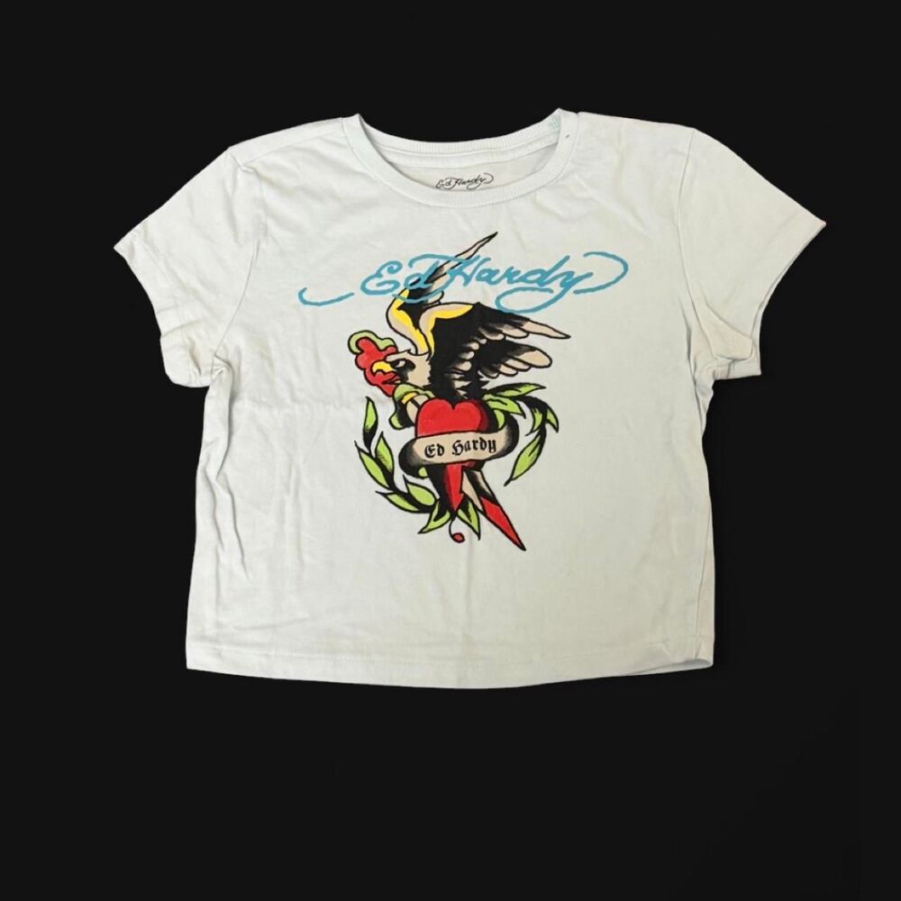 Y2K Ed Hardy White Baby Blue Eagle Heart Tattoo Baby Tee
